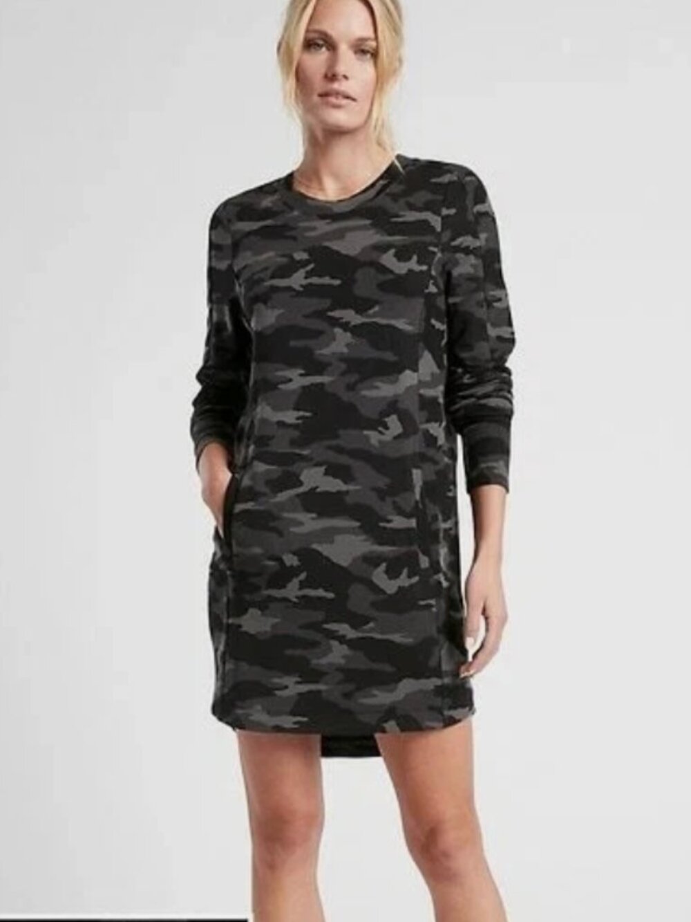 Athleta Balance Printed Dress Black Camo Long Sleeve Tencel XL Athleisure Casual